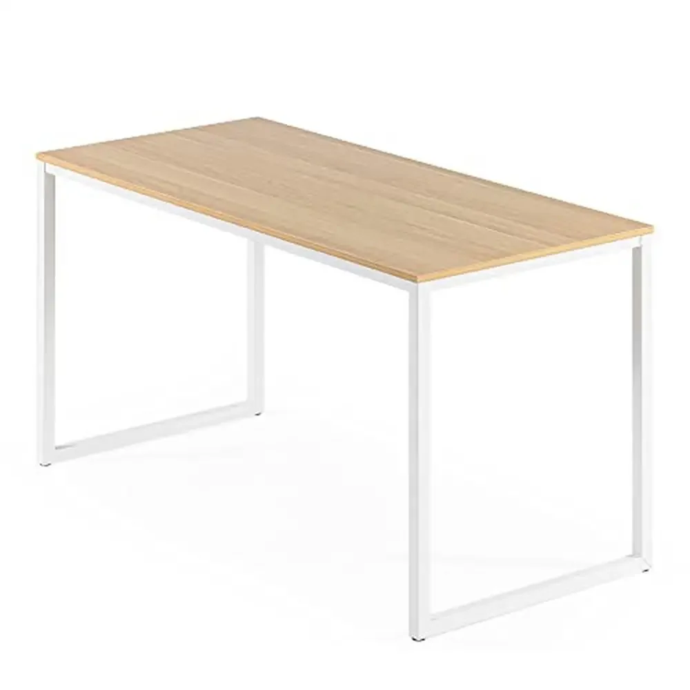 

Modern Steel Frame 55" Desk Office Workstation Dining Table Easy Assembly Solid Top Rectangular Shape White Base Natural Finish