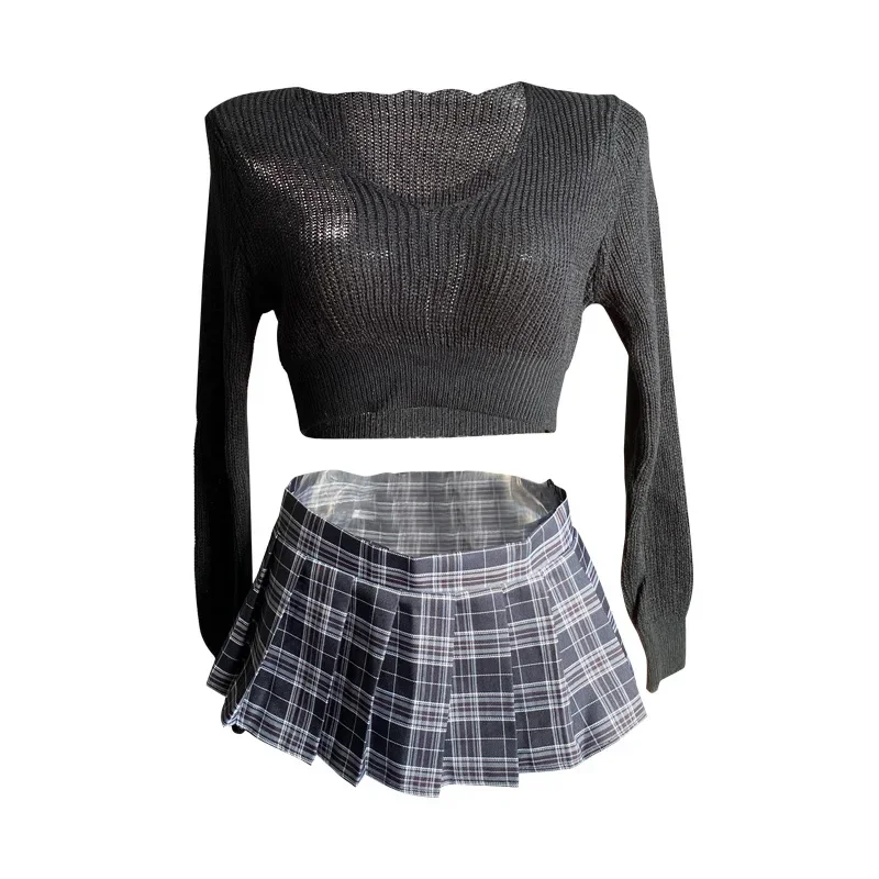 Anime Cute School Girl JK Sweater Plaid Pleated Skirt Uniform Suit Cosplay Costume Role Play Sweet Skirt Set Halloween Outfits