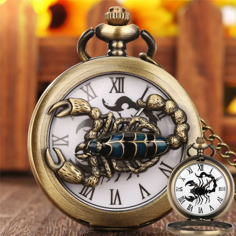 Relógio de bolso bronze meio caçador para homens e mulheres, algarismos romanos, analógico, quartzo, oco-out, design escorpião, suéter, corrente FOB, presente