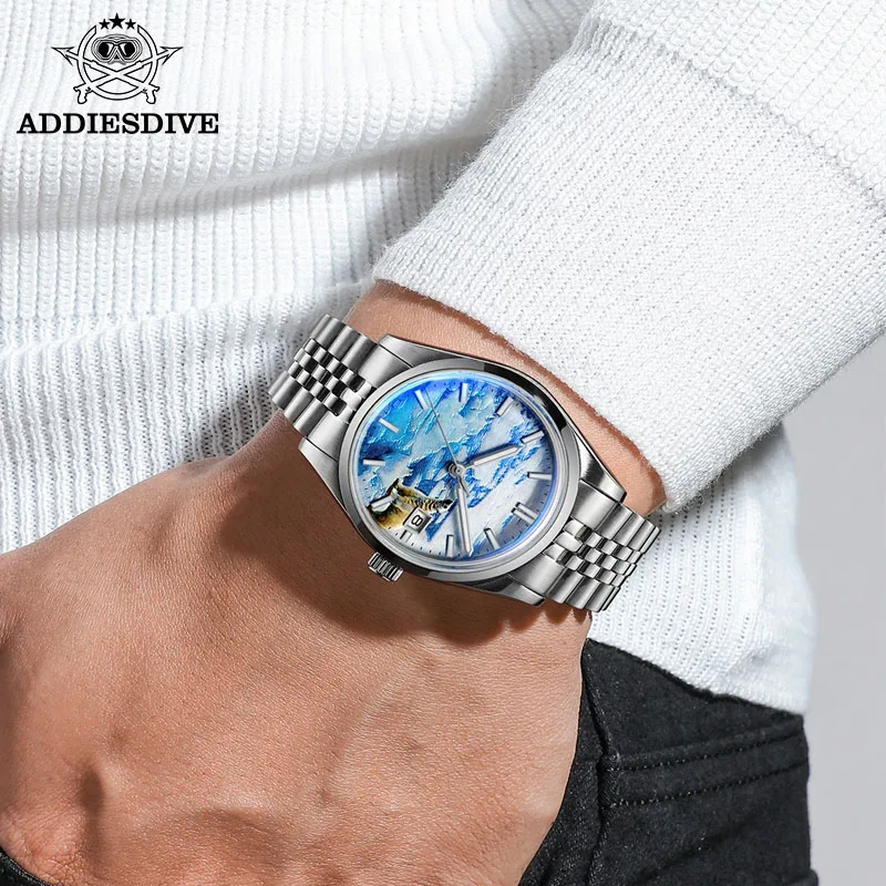 ADDIESDIVE 독특한 3D 빙하 자동 기계식 시계, 39mm 스테인리스 스틸 버블 미러 유리 달력, 100m 야광 시계