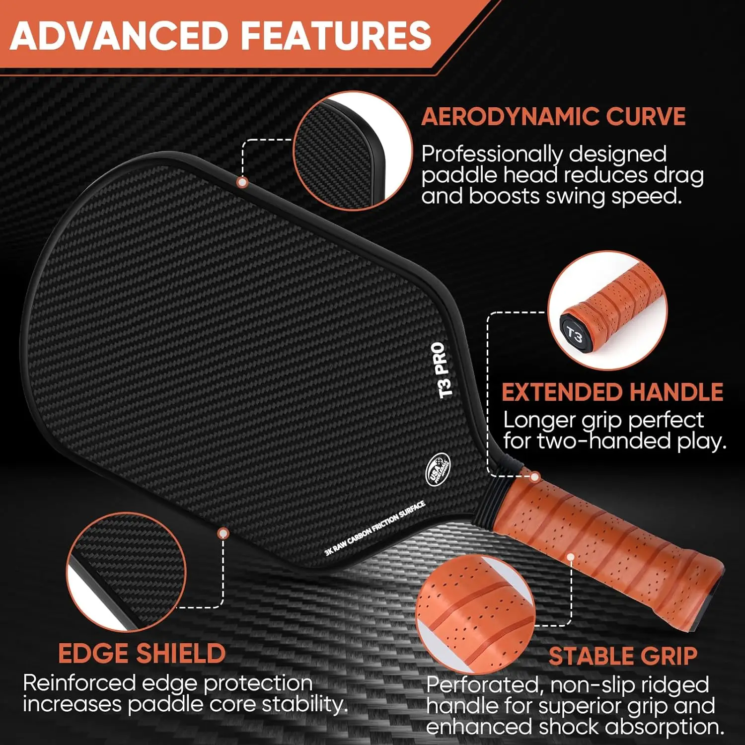 514 leball, surface en fibre de carbone brute 3K (CFS) + surface de conversion en carbone (CAS) avec grain et rotation élevés, Sure-Grip allongé