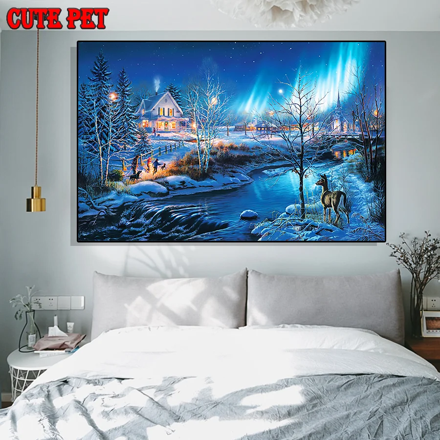 winter snow scene diamond painting diy handmade embroidery kit full square round drill Cross Stitch creek deer House home decor