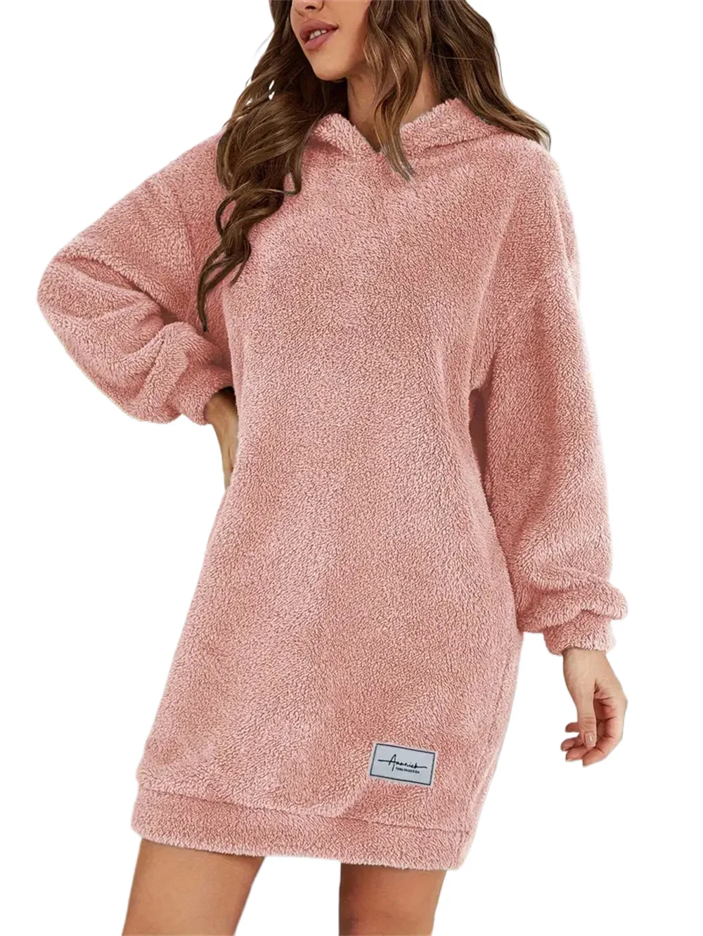 

Casual Furry Hooded Long Sleeve Dresses Streetwear Warm Hoodies Dress For Women Autumn Winter Loose Fit Fleece Short Dresses