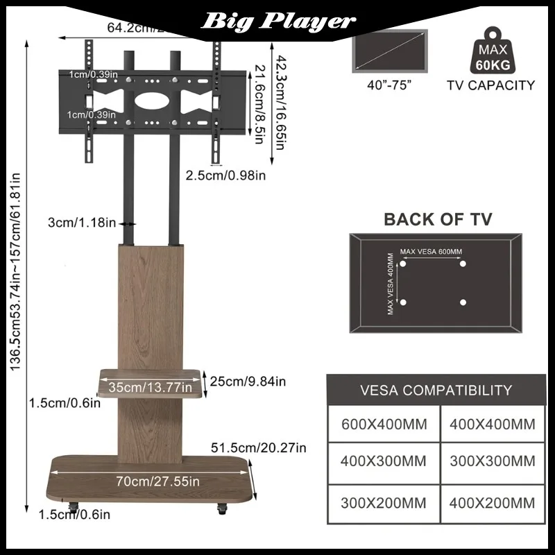 Height‑Adjustable Heavy‑Duty Rolling Wood TV Cart, TV Stand with Shelf for 40‑75 Inch LED LCD Televisions