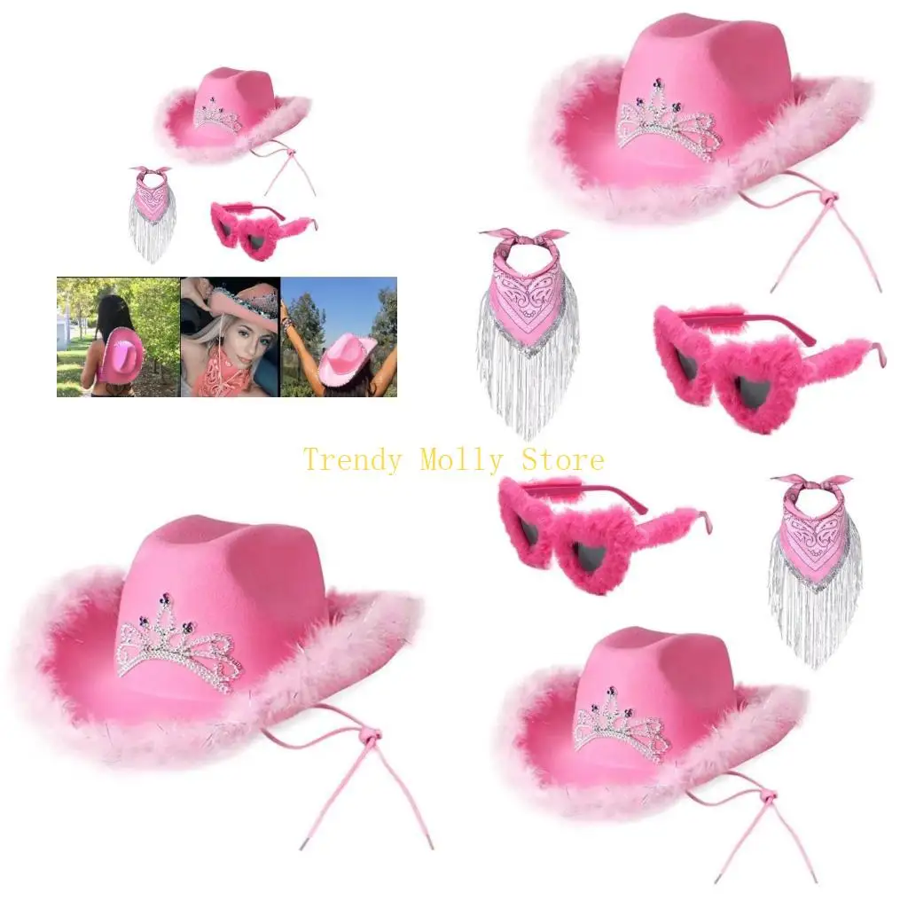 

N5KB Розовый ковбойский костюм, комплект в стиле вестерн с широкими полями, шляпа пастушки, шарф в форме сердца, солнцезащитные