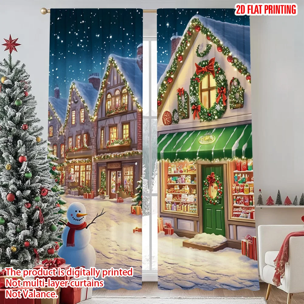 

2pcs 2D flat printing Merry Christmas Popular Window Curtains Candy Shop Snow Christmas Polyester Without Electricity Spring