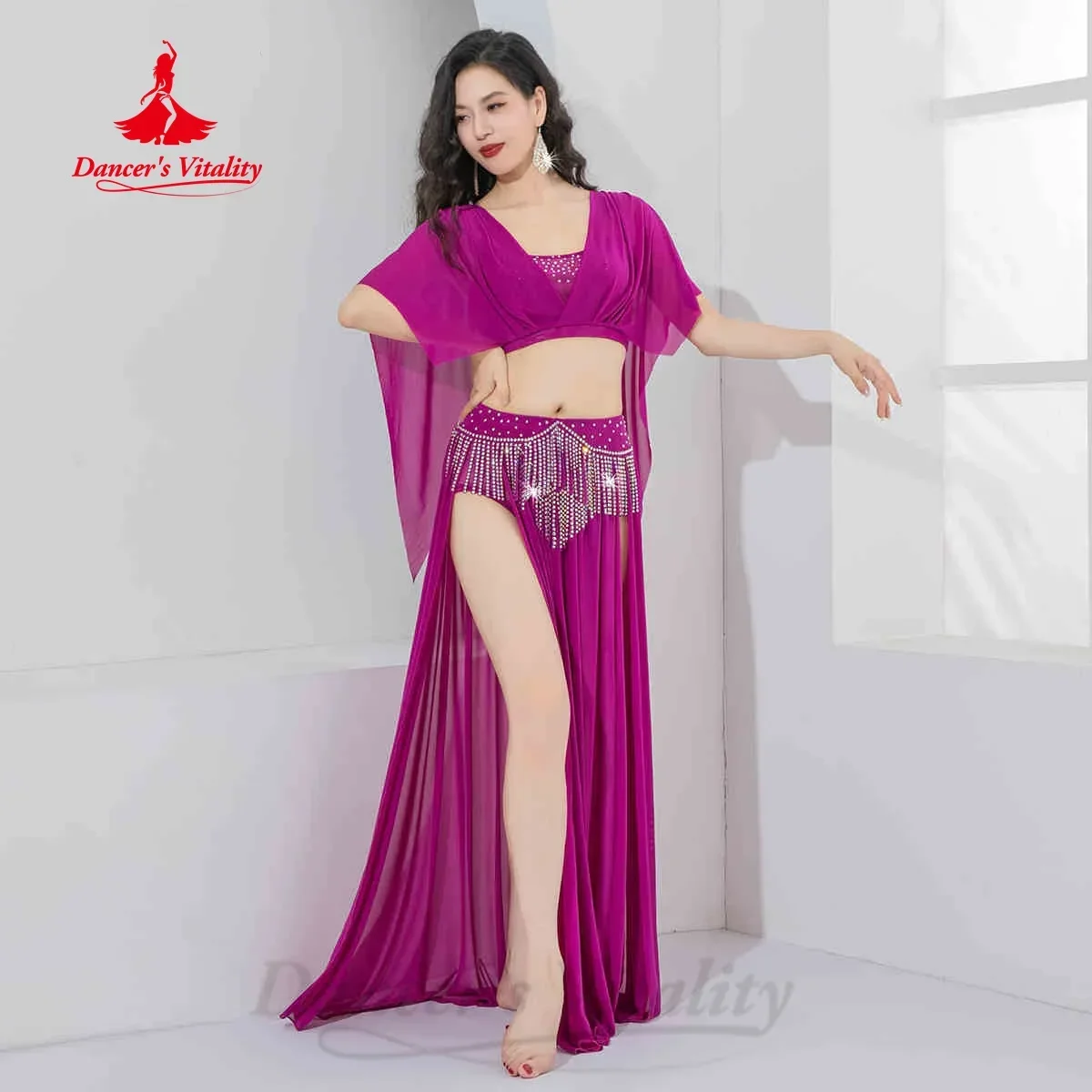 

BellyDance Practice Clothes for Women Sexy V-neck Top+Tassel Long Skirt 2pcs Adult Oriental Belly Dancing Performance Clothing