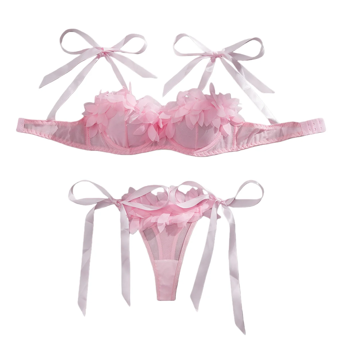 

Romantic lingerie, mesh, see through bow tie, seductive bra set, women's pink