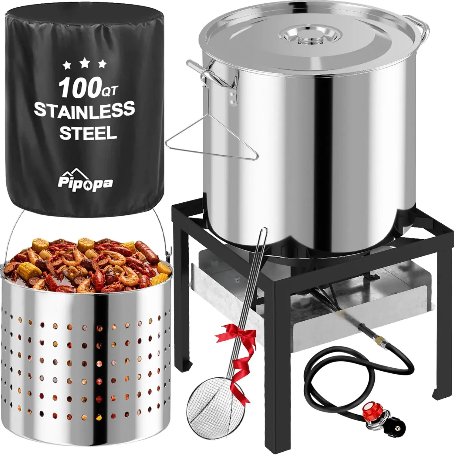 100QT Crawfish Boiler | Stainless Steel Seafood Boil Pot with Basket | Cover & 18