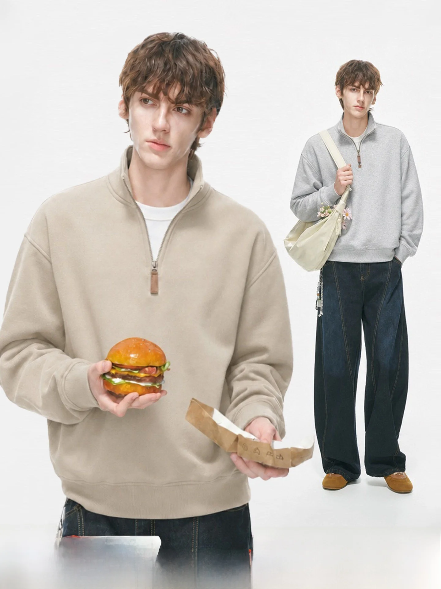 American Style Commuter Short Half Zipper Stand Collar Sweatshirt Men's Autumn Cleanfit No Hat Top Loose Fit Long Sleeve Cotton