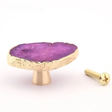 4 Pcs Hot Pink Geode Cabinet Knobs， Crystal Stone Drawer Knobs， Handles Decorative Golden Plated Gemstone Cupboard Pulls.