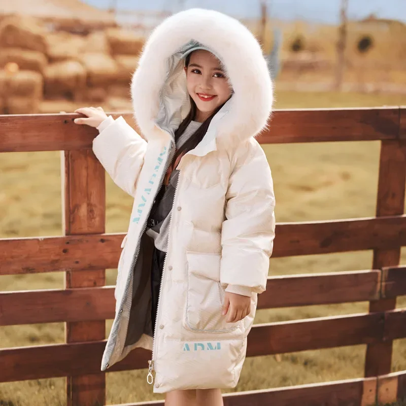 Girls 90% White Duck Down Long Jacket With Fur Hood Autumn Winter Kids Casual Coat Children Cartoon Outwear Big Pocket XMP205