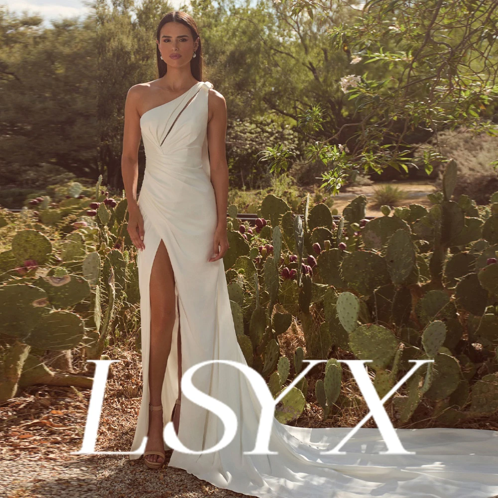 LSYX Customized Wedding Dress One Shoulder Draped Neckline High Slit Backless Mermaid Train Elegant Stylish Unique Glamorous