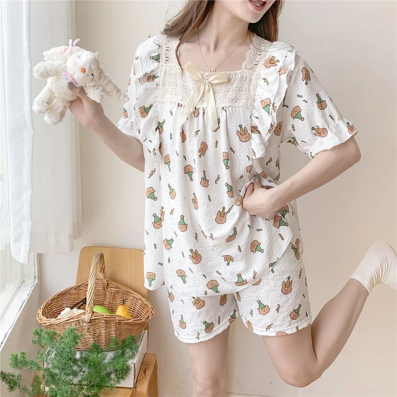 Korean Sweet Cute Y2k Women\'s 2Ps/set Pajamas Cartoon Print Short Female Sleepwear 2024 New Summer Cotton and Linen Housewear