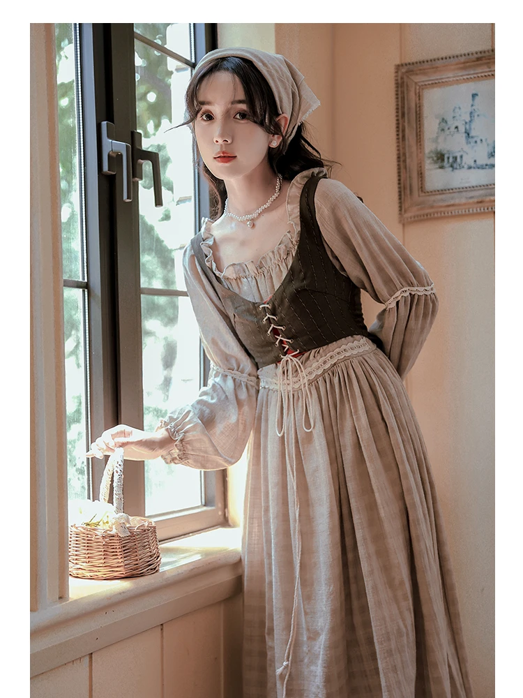 Medieval Cottagecore Retro Strappy Vest Cotton Linen Two-piece Dress Woman Renaissance Vintage Gothic Court Princress Dresses