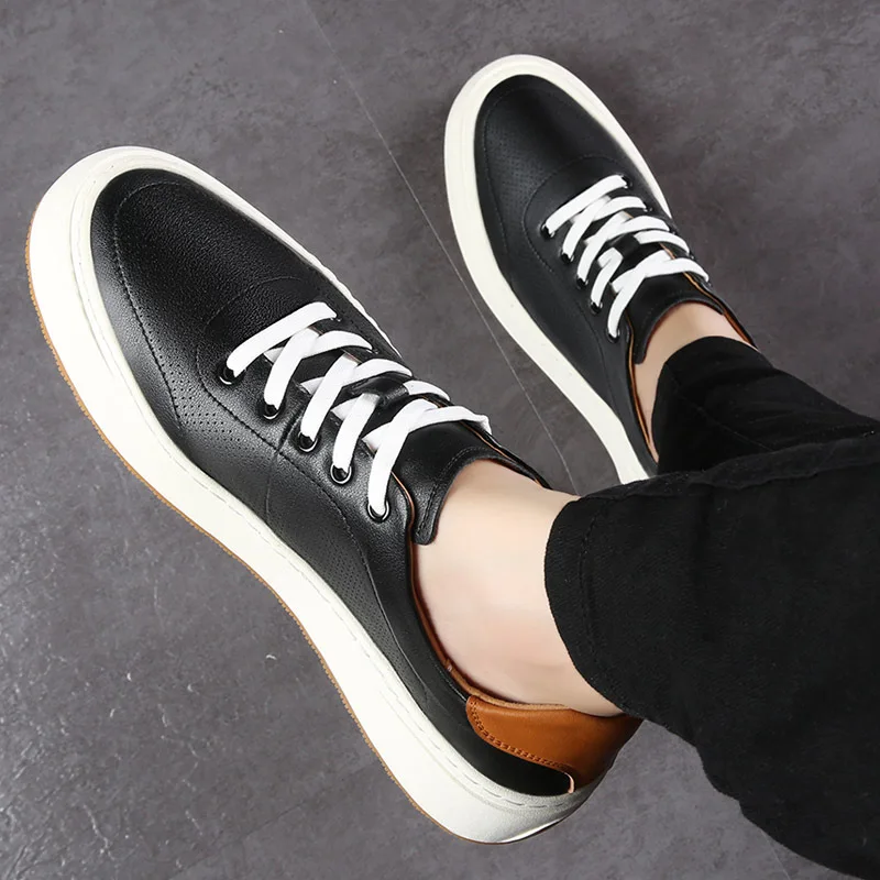 Fashion Casual Hallow Cow Leather Sneakers for Men Black White Spring Autumn New Designer Soft Sole Platform Shoes Male