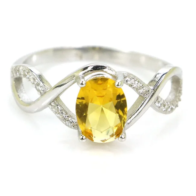 21x9mm Pretty 2.3g Oval Gemstone Golden Citrine White CZ Woman's Wedding Real 925 Solid Sterling Silver Rings