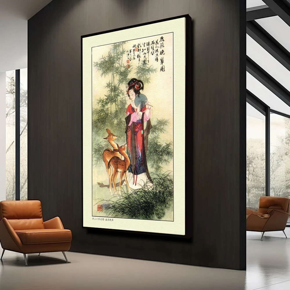 1pc frameless,Vintage Chinese Woman Painting Print For Living Room Decor Abstract Poster Ancient China Hanfu Girl Canvas Paintin - view 3