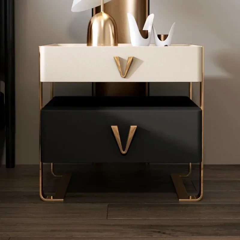 High End Minimalist Solid Wood Internet Famous Rock Bed Cabinet Modern Light Luxury Small Leather Storage Cabinet Nightstand