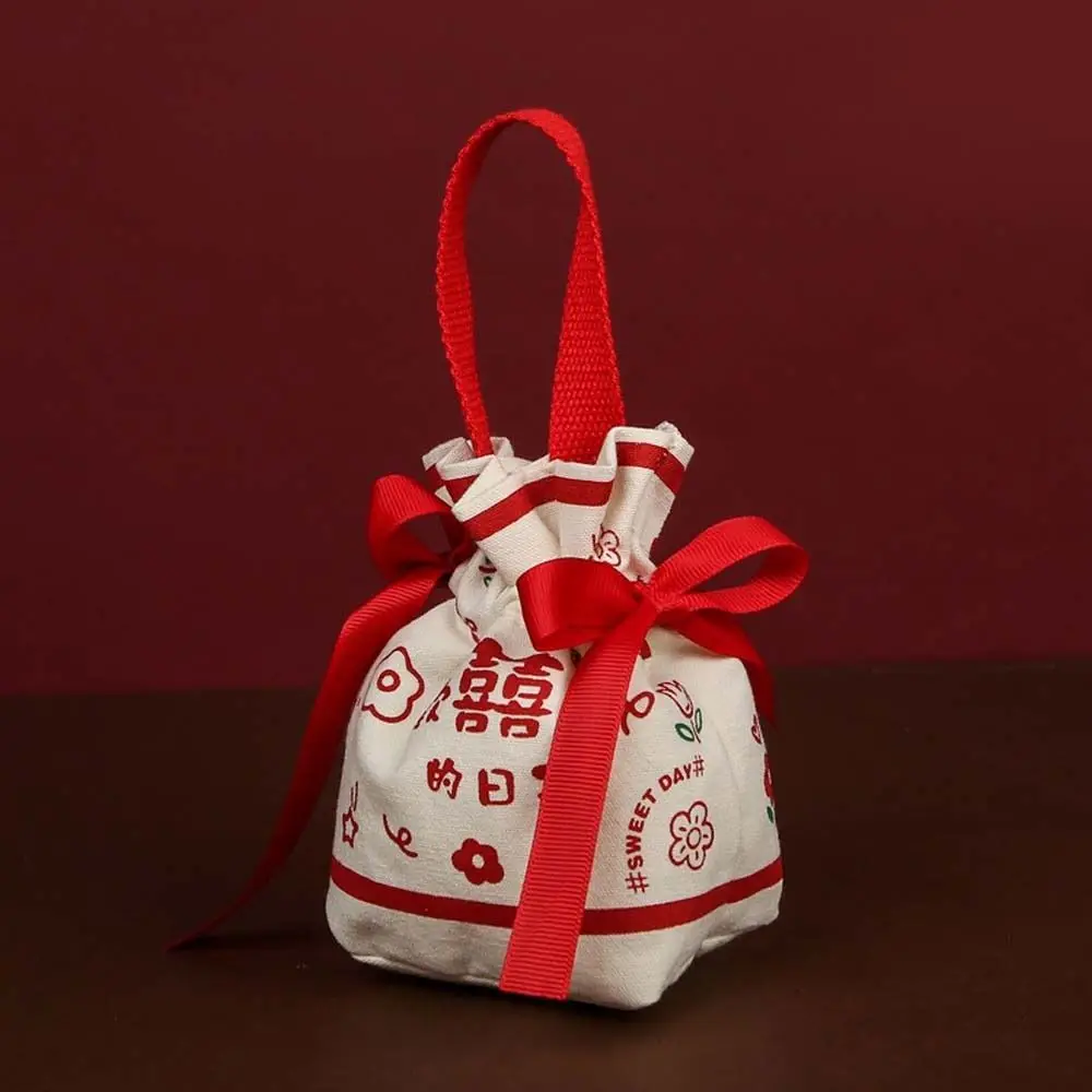 

Праздничная сумка-ведро из холста с цветочным узором и бантом, большая вместимость, для конфет, свадебная, уличная, с завязками