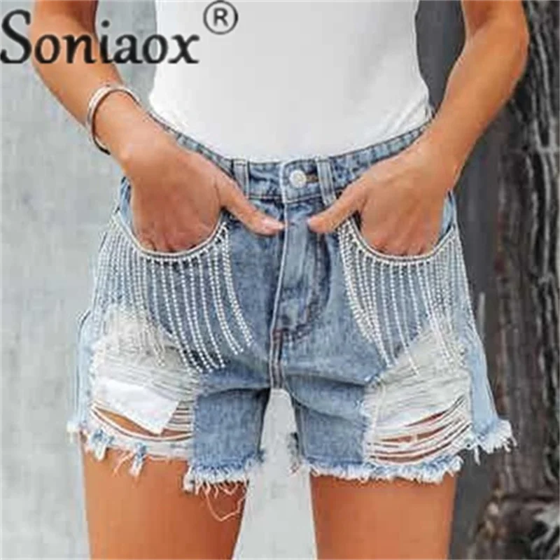 Fashion Tassel Chain Splicing Broken Holes Denim Shorts Women Streetwear Casual Three Quarter Pants Female Summer Straight Jeans