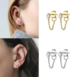 Gold Silver Color Tassel Stud Earrings for Women Simple Cute Water Droplets Zircon Loog Chain Back Hanging Ear Rings Jewelry