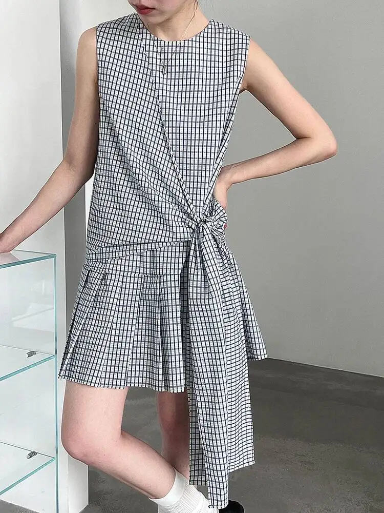 Women Blue Plaid Irregular Bandage Mini Vest Dress New Round Neck Sleeveless Fashion Tide Spring Summer