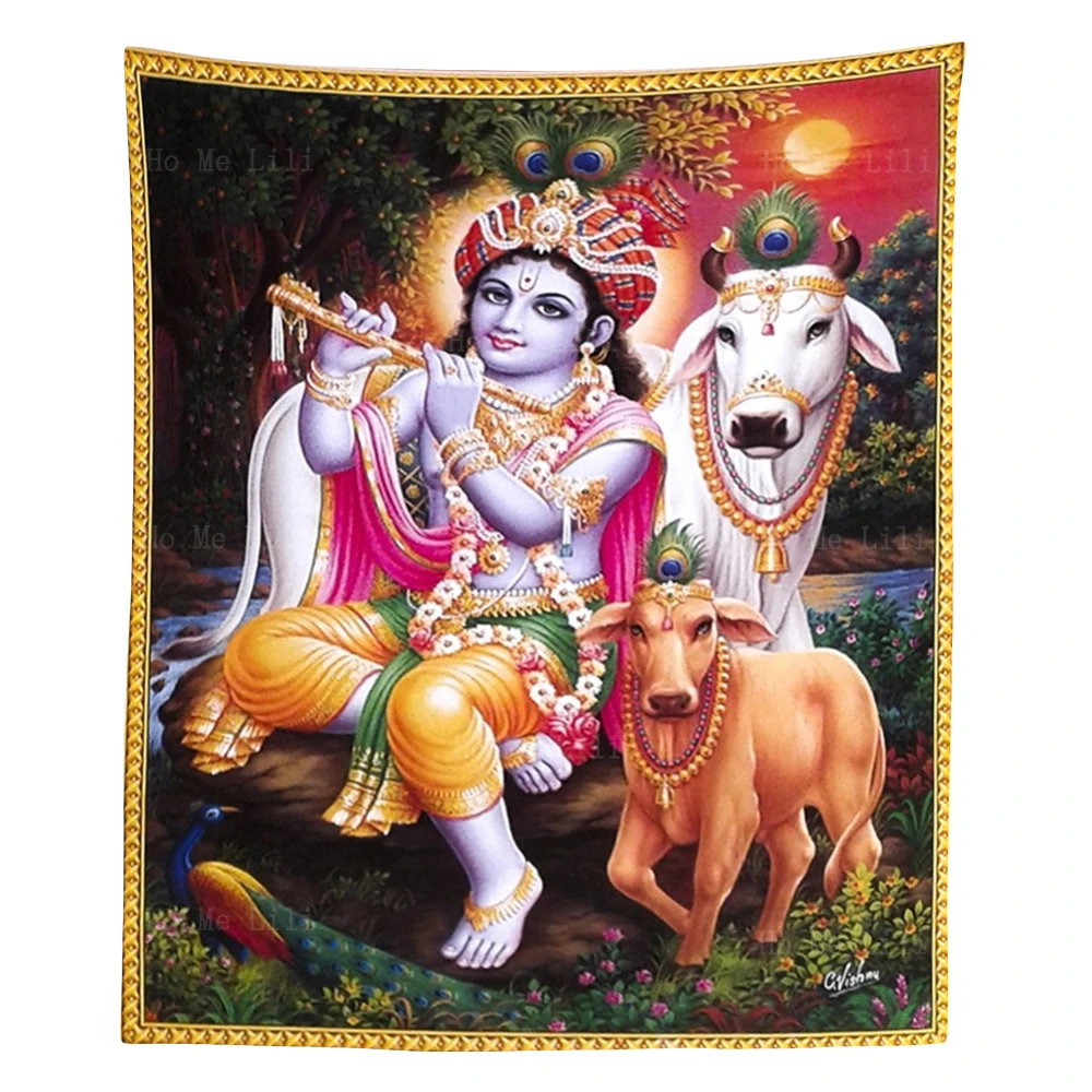 Lord Krishna With Radha And Cow Calf Colorful Rare Religious Hindu Gods Tapestry By Ho Me Lili For Designer Room Accessories