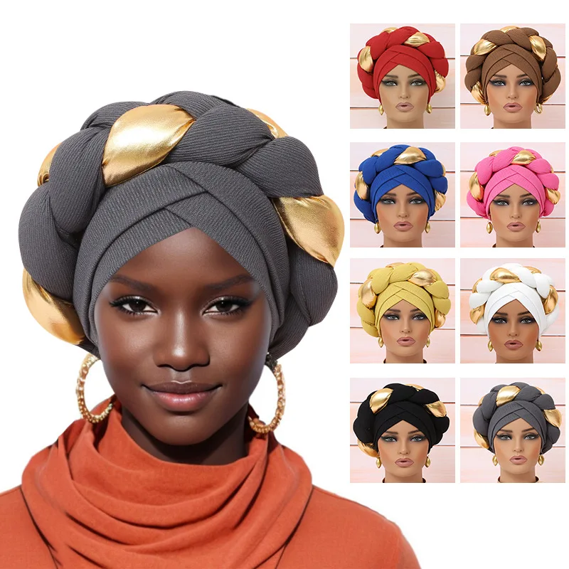 

Already Made African Turban Headtie Nigeria Wedding Geles Party Headgear Africa Female Head Wraps Ready to Wear Auto Gele