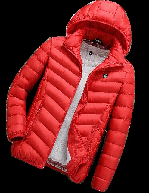 

Winter Down Jacket For Men Electric Heating Warm 3rd Gear 8 Hours White Duck Down Solid Color USB Charging Hooded Coat