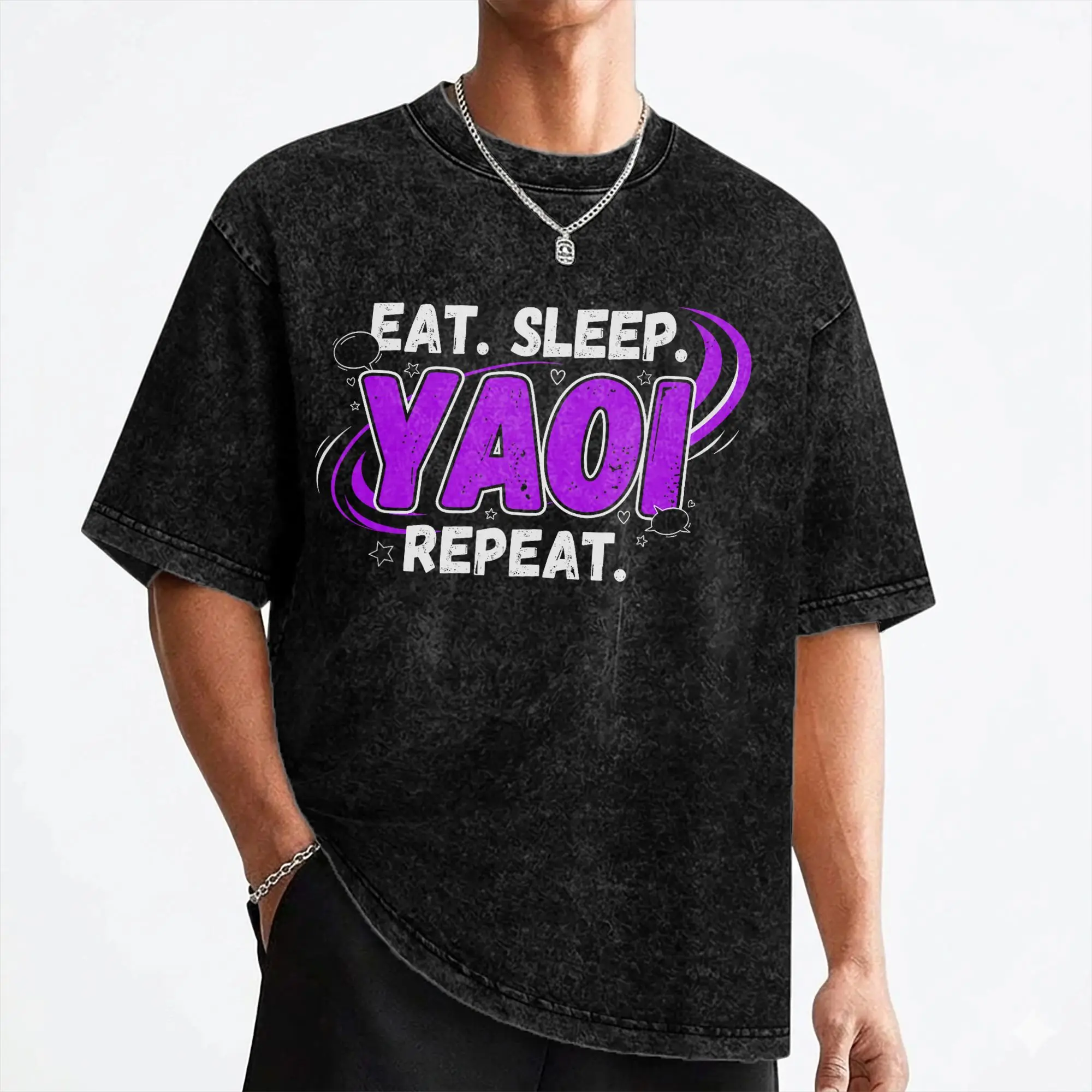 Eat Sleep Yaoi Repeat T Shirt Washed Cotton Oversize T-Shirt  Vintage Men Women Streetwear Printed Tees