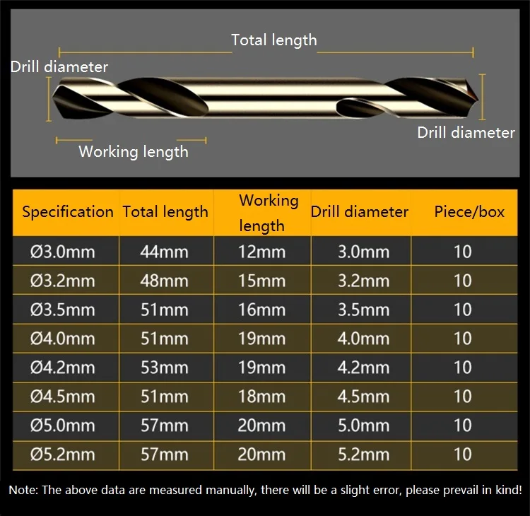 10pcs 3mm-5.2mm HSS Double-headed Double-edged Cobalt Twist Drill Bit For Metal Stainless Steel Aluminum Alloy Iron Plate