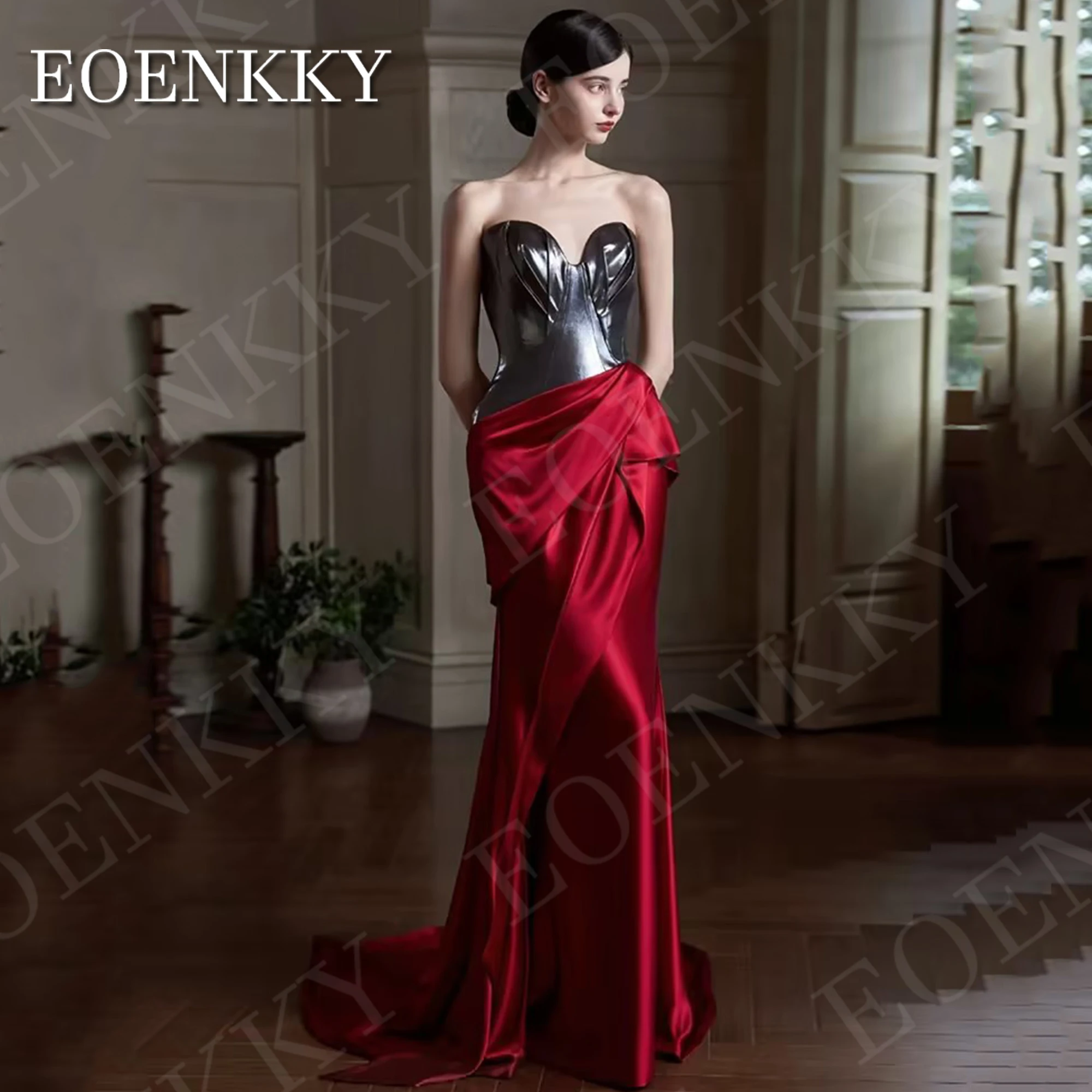 EOENKKY Simple Evening Dresses for Women Sweetheart Strapless Mermaid Formal Party Dress Sleeveless Satin vestidos de fiesta