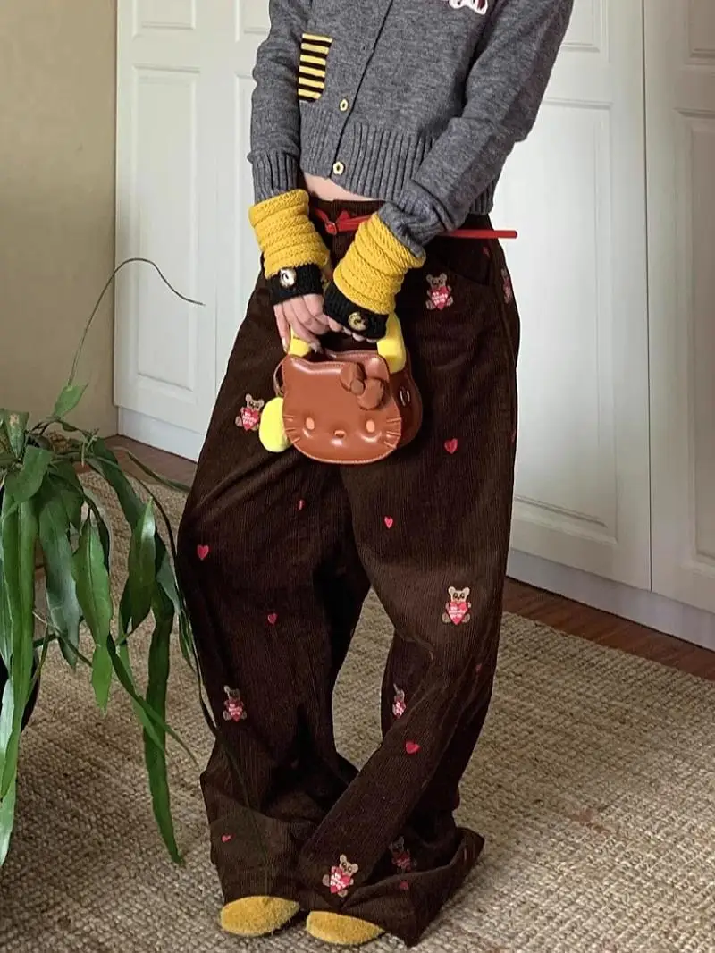Retro American High Street Embroidered Heart Bear Corduroy Wide Leg Pants Women Casual Straight Loose Match All Autumn 2026