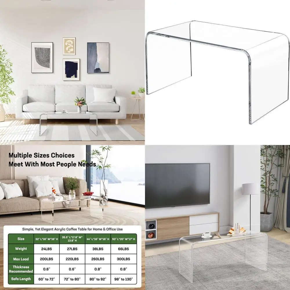 

32 Clear Acrylic Coffee Table, Living Room or Rec Room, Supports 200 lbs, 32x16x16 inches, 0.6 Thick
