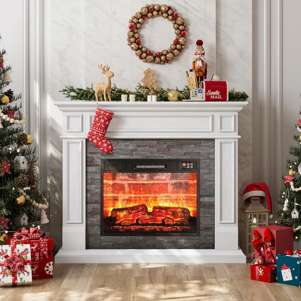 44 Inch Electric Fireplace with Mantel, Tall Fireplace Heater Freestanding, Realistic Stacked Stone Surround with LED Flame