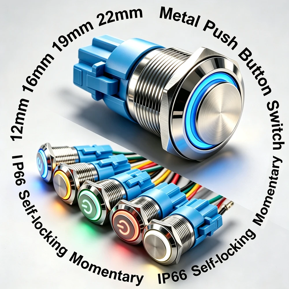 12mm 16mm 19mm 22mm IP66 Waterproof Flat Circular Metal Button Switch, Red LED Momentary Latching Lock 3V 6V 12V 24V 110V 220V