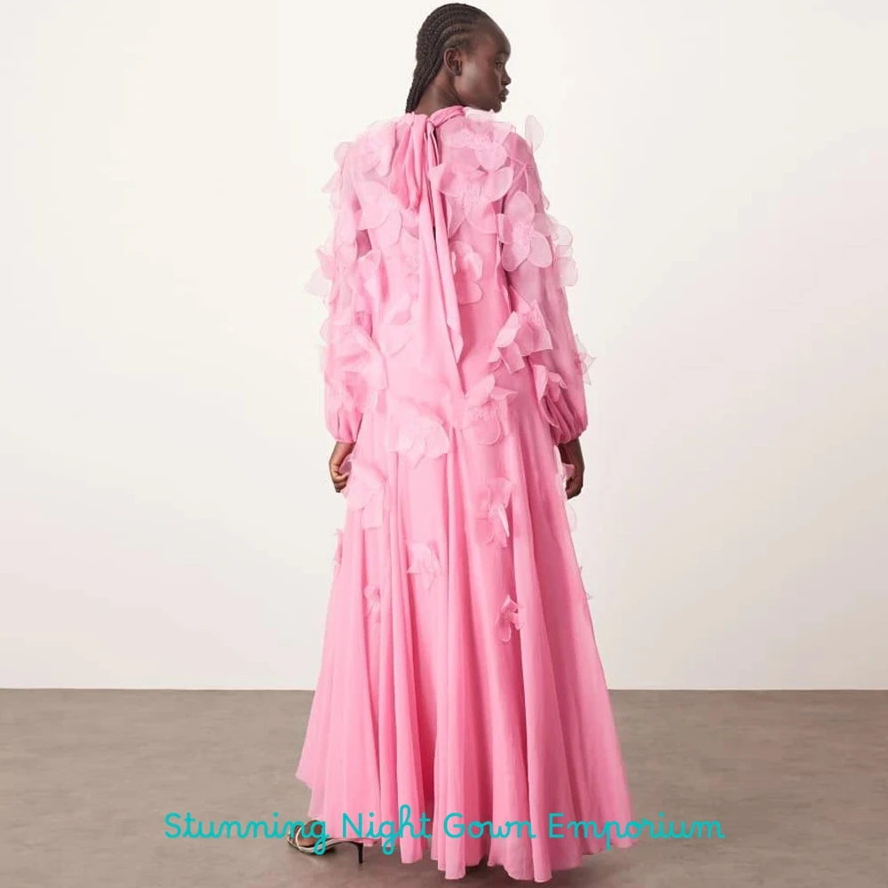 Fashion Chiffon Evening Dress High Collar Long Sleeves Customized Bespoke Occasion Gowns Delicate 3D Flowers Celebrity Gowns image 2