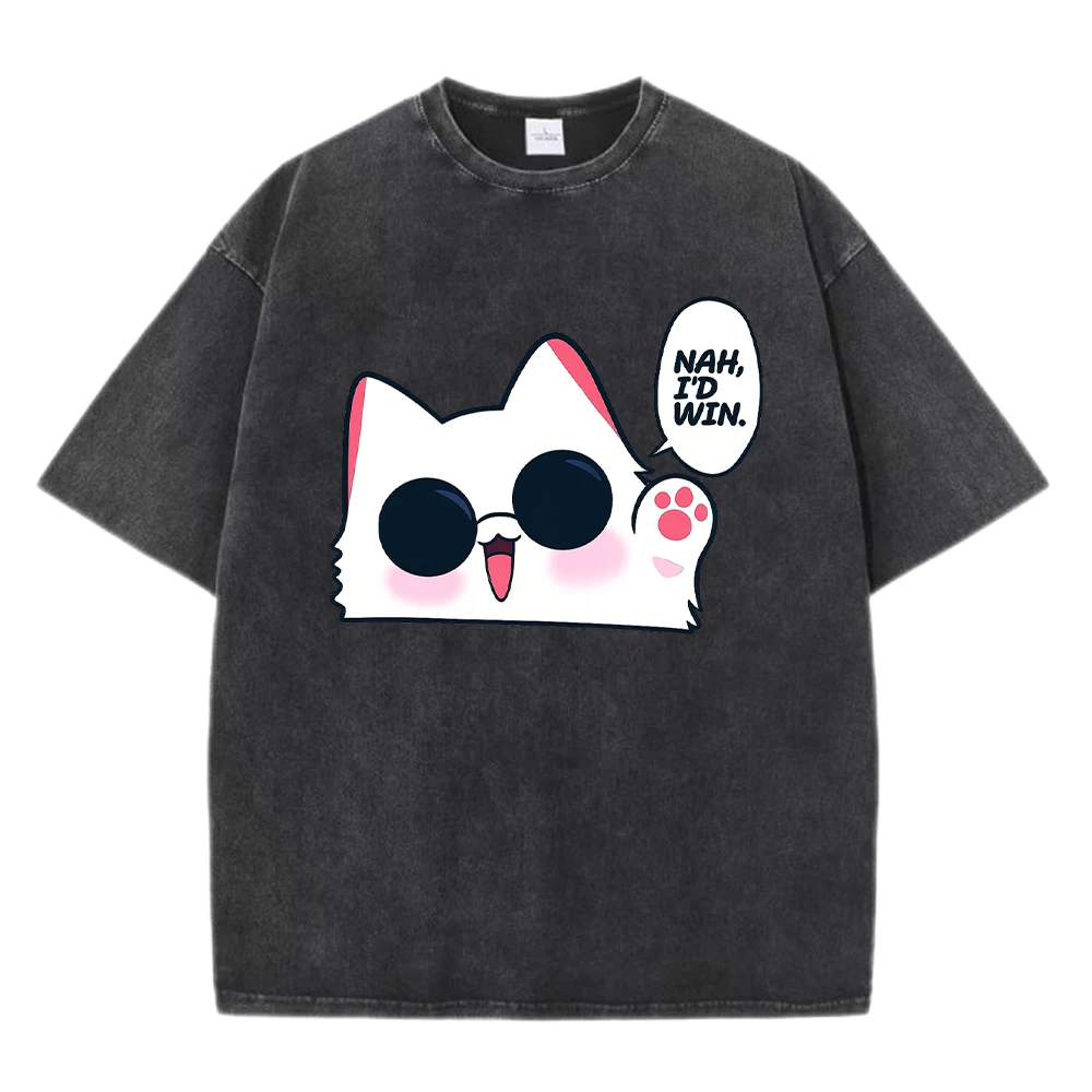 

Nah I'D Win Cute Cat Print Men'S Washed T-Shirt Summer Soft O-Neck T Shirt Oversize Cotton Clothes Casual Loose Short Sleeve