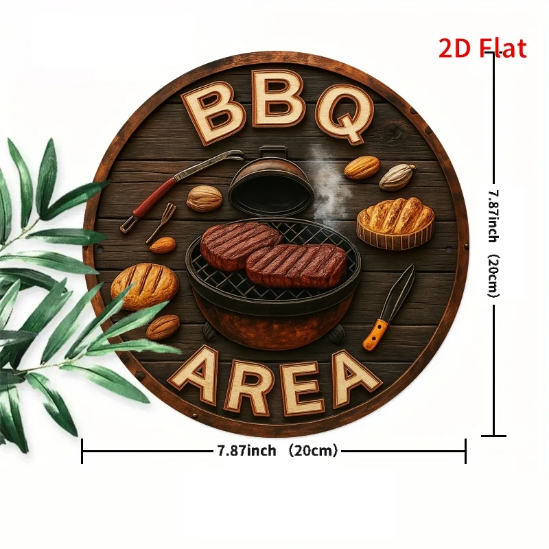 2D Flat, Vintage BBQ Area Sign - Heavy-Duty Iron Construction, Retro BBQ Grill Decor with BBQ Tools - 8x8 Inch Round Plaque for