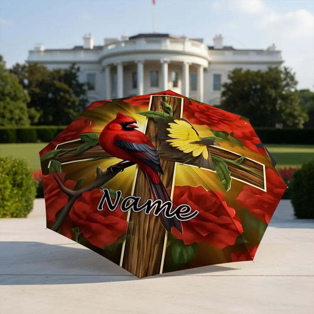 Custom Name Umbrella Cardinal Bird Cross Red Rose Religious Print Folding Umbrella Portable Travel Parasol For Faith Believers