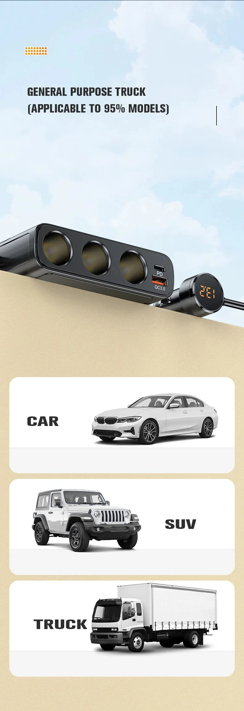 Multifunktions-Autoladegerät 127W Super-Flash-Autoladegerät Zigarettenanzünder-Konverter-Adapter QC3.0 Multi-Port-Schnellladegerät – Detail 12