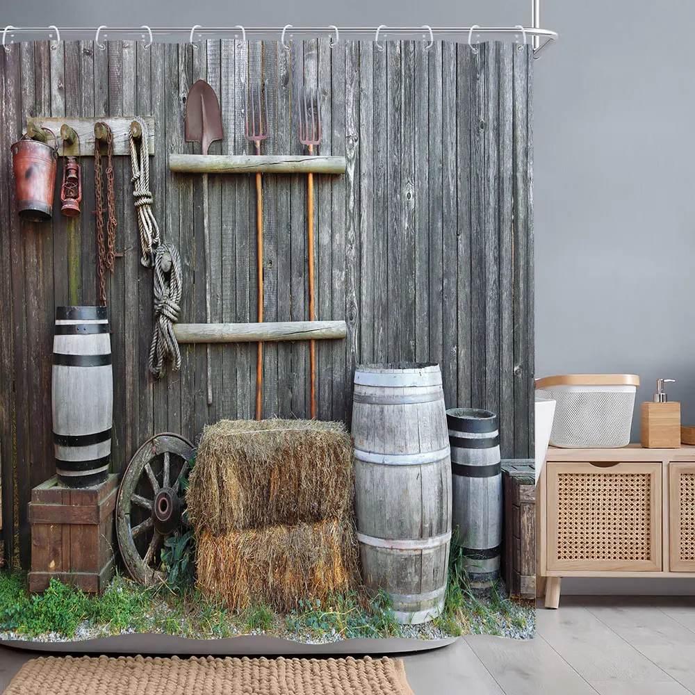 Retro Rustic Wooden Doors Shower Curtains Vintage Farmhouse Barn Old Door Home Decor Waterproof Polyester Bathroom Curtain Set