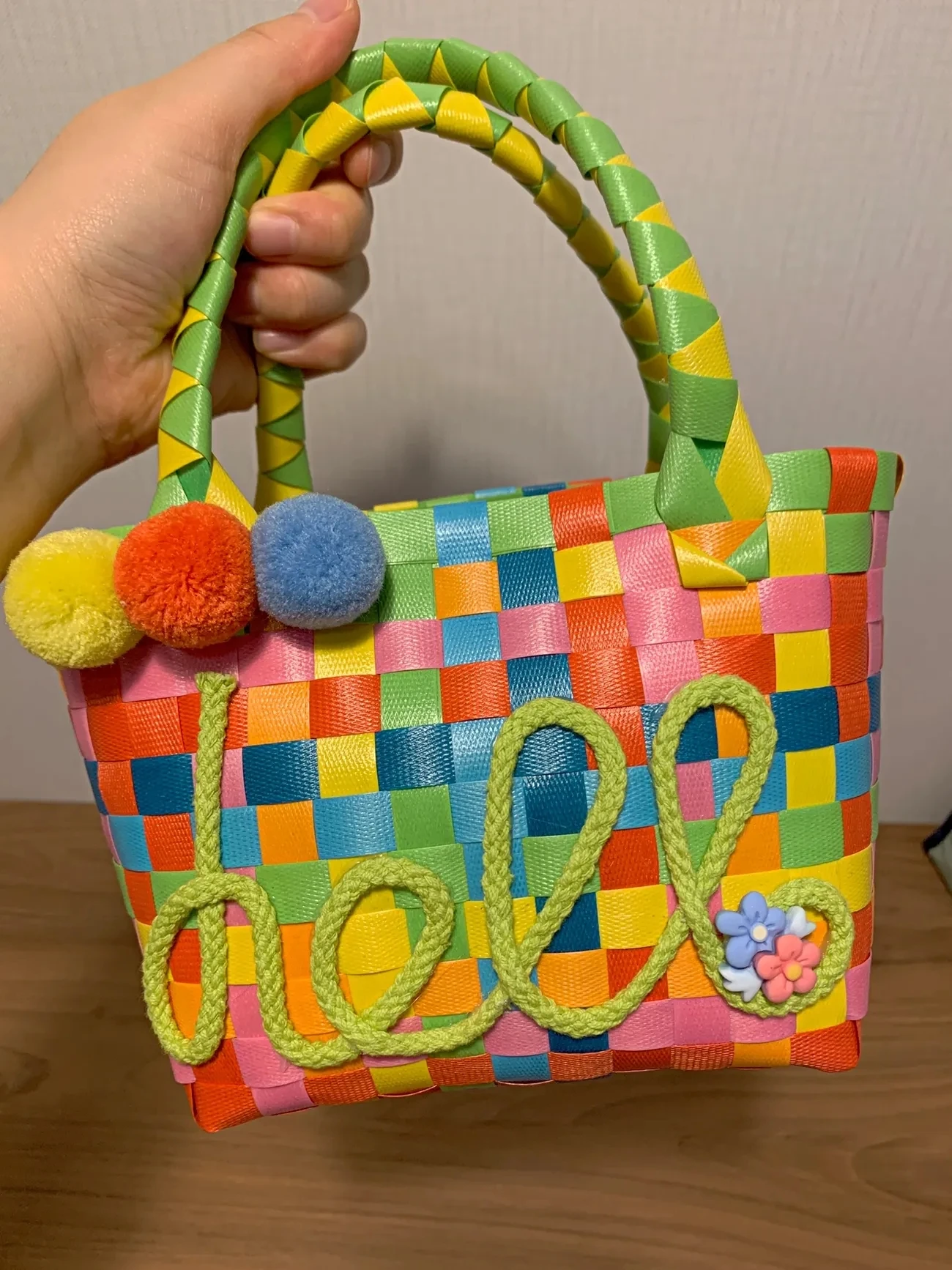 Cute Hello Letters Handmade Woven Handbag Rainbow Flower Shopping Beach Tote Purse Party Bag Gift