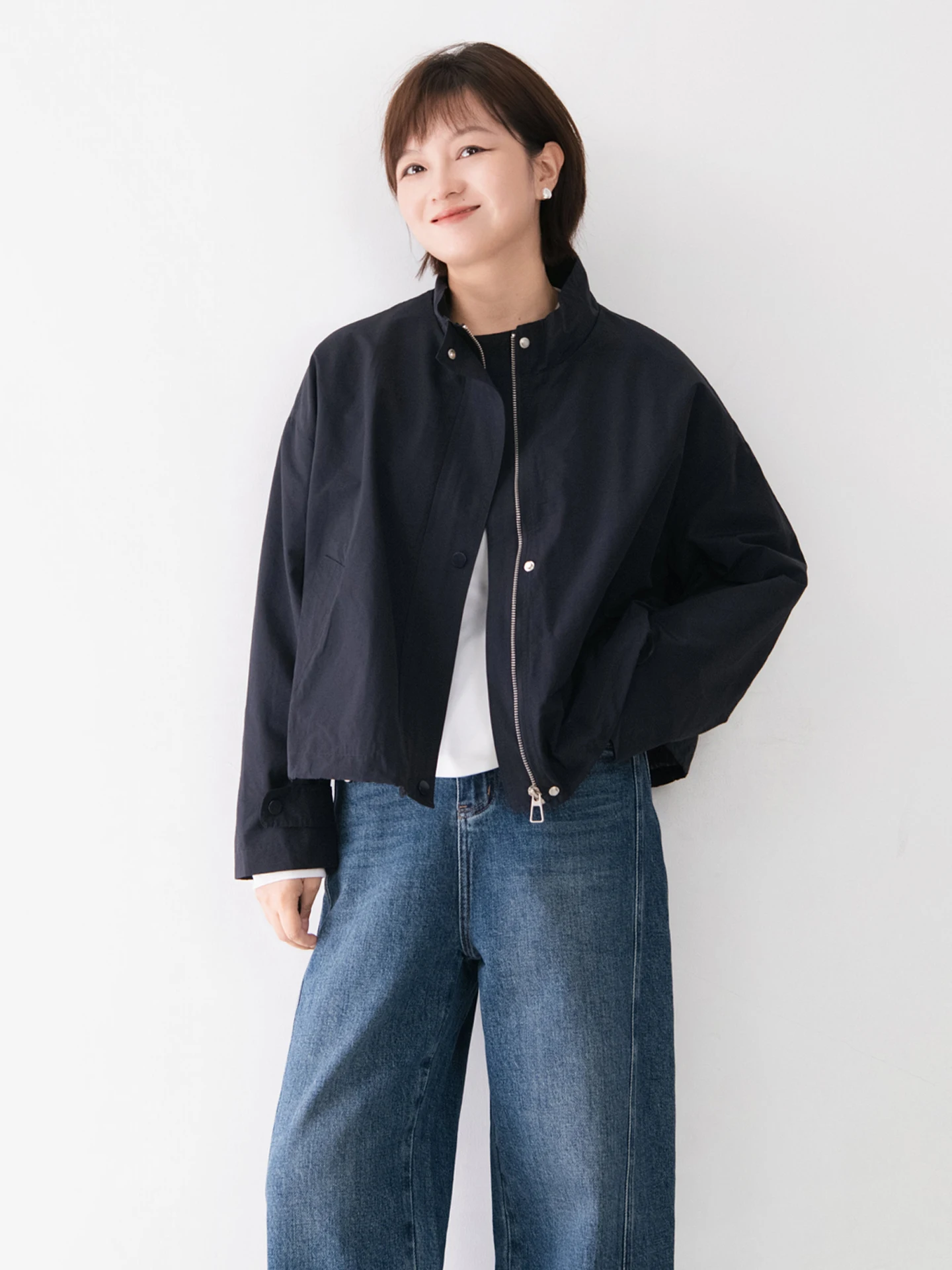 

Cotton Stand Collar Elastic Hem Long Sve Jaet Women Commute Color Versatile 2025 Autumn New Top Casual Sle Stand...