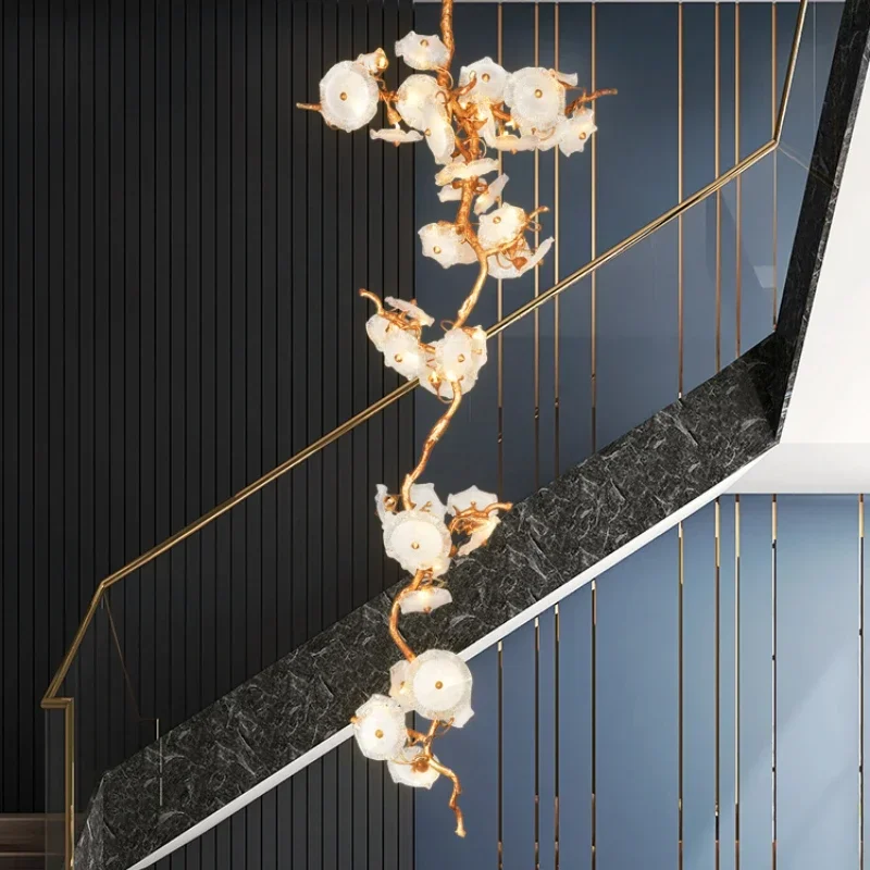 

All Copper Lotus Lamp Duplex Floor Rotating Stair Chandelier Nordic Living Room Dining Room Crystal Lamps