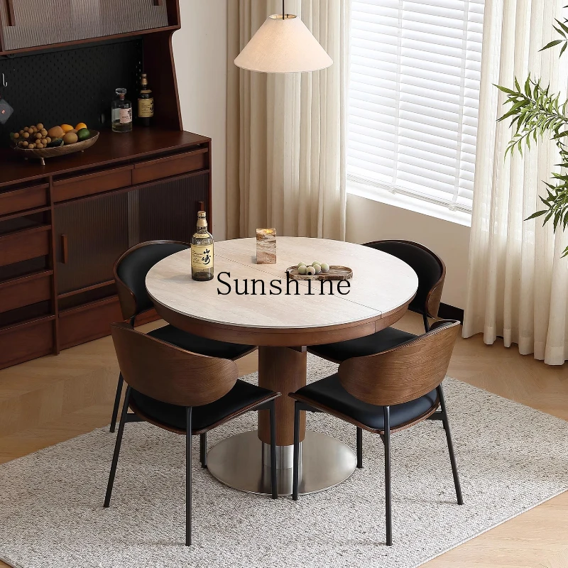 Retractable oval medieval travertine rock slab solid wood small apartment round dining table and chairs
