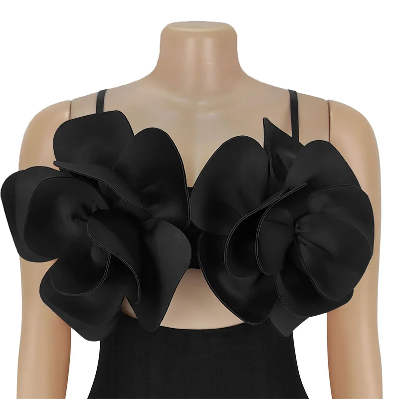 Vrouwen Zomer 2025, Strapless Bodycon Sexy Lange Feestjurken 3D Grote Bloem Slanke Uitgesneden Nachtclub Jurk Jurk Zwart Wit Dames