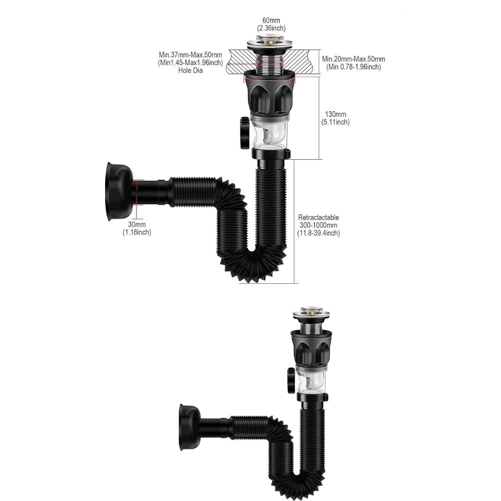 Flip Over Basin Drain Stopper Kit for Bathroom Sink with For Flexible Drain Hose 30cm ABS Black Tool Free Installation