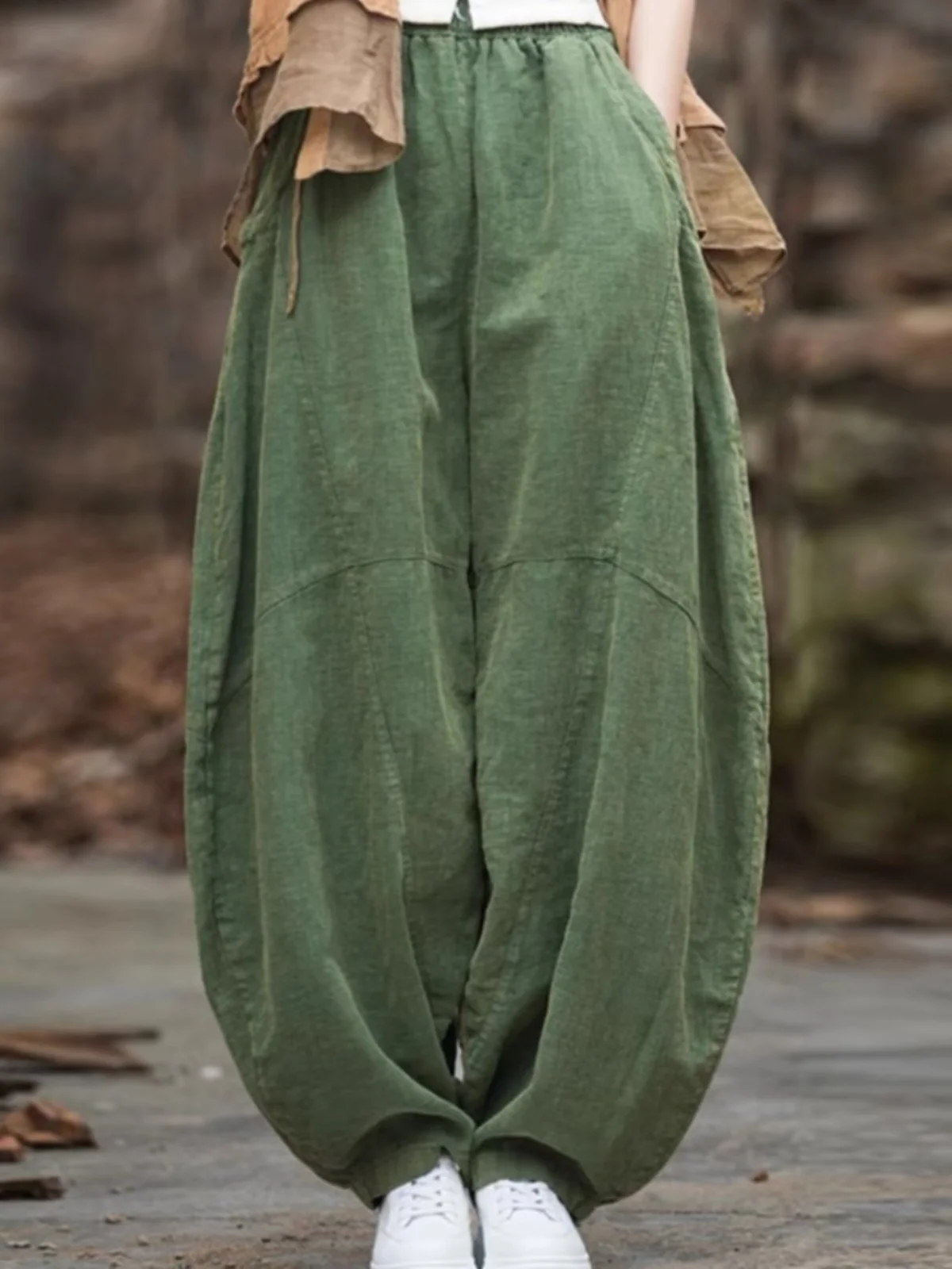 Retro Thiened Fce Women's Lantern Pants High Waist Elastic Loose Leg Linen Carrot Pants Winter Casual Wide Leg Trousers